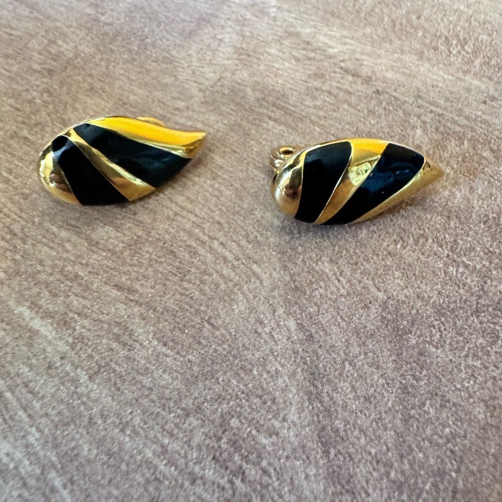 Monet Black & Gold Earrings-Monet Designer Clip On Gold Tone And Black